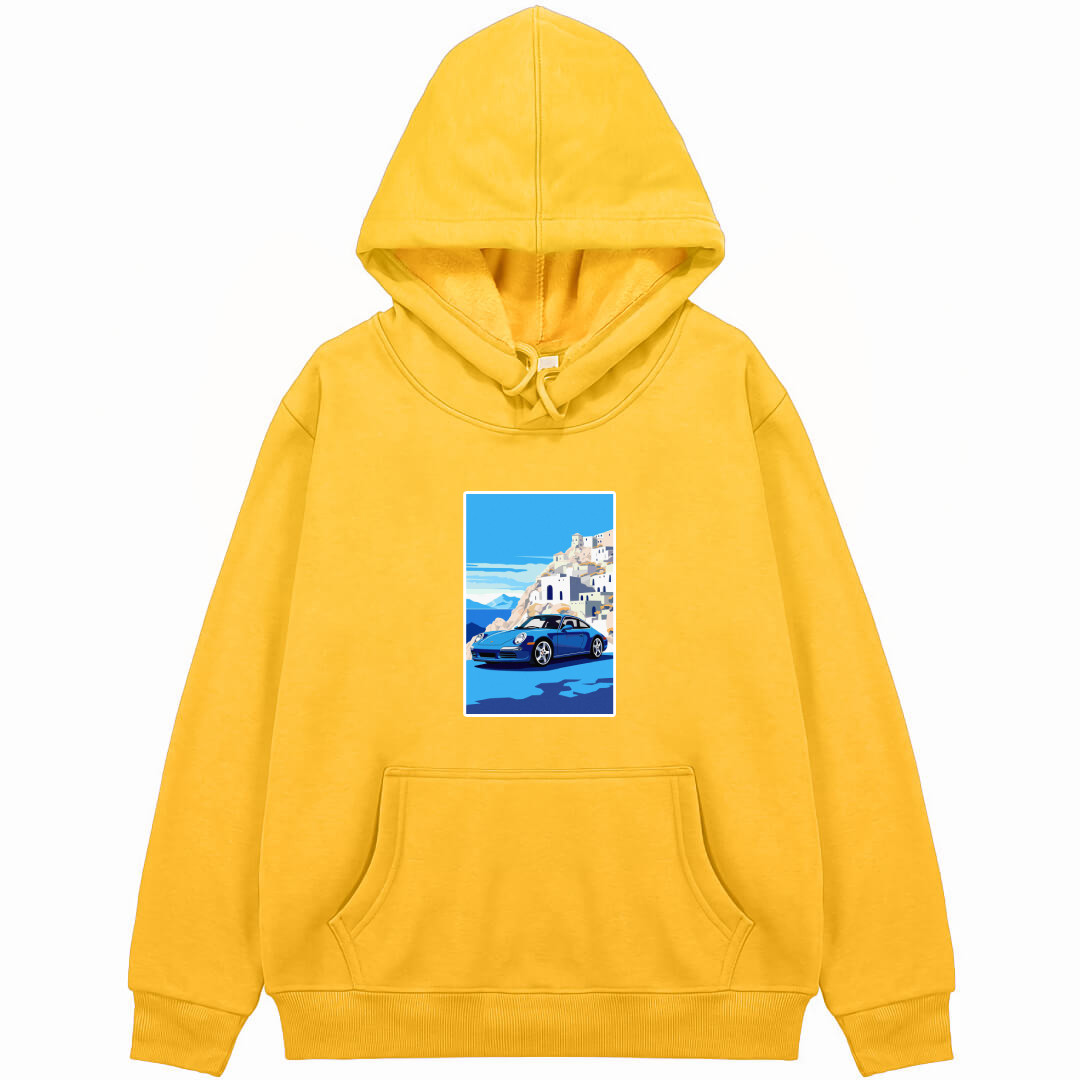 Porsche Hoodie Hooded Sweatshirt Sweater Jacket - Porsche 911 Blue Car On Santorini Illustration Art
