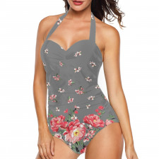 Floral Pattern Art Tankini Halter One Piece Women's Swimsuit - Floral Pattern Pink Blossom Charm Art Poster