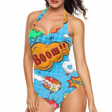 Pop Art Pattern Tankini Halter One Piece Women's Swimsuit - Boom Oops Bang Light Blue Background