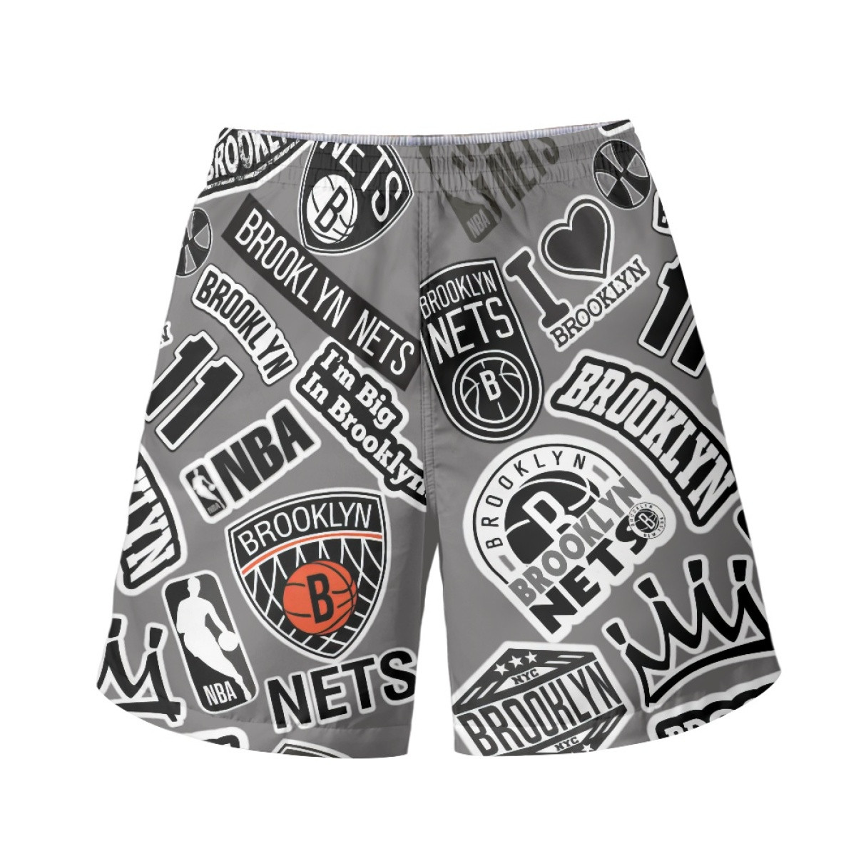 NBA Brooklyn Nets Beach Shorts Swim Pants Swimming Trunks - Nets Mania Sticker Collage Black and White