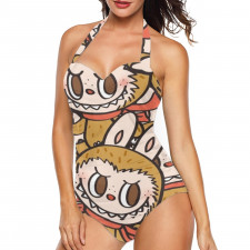 The Monsters Tankini Halter One Piece Women's Swimsuit - Collage Brown Teddy Bear