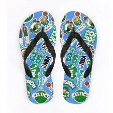 NBA Celtics Boston Warriors Flip Flops Thongs V-Strap Sandals - Celtics Mania Sticker Collage Green Logos