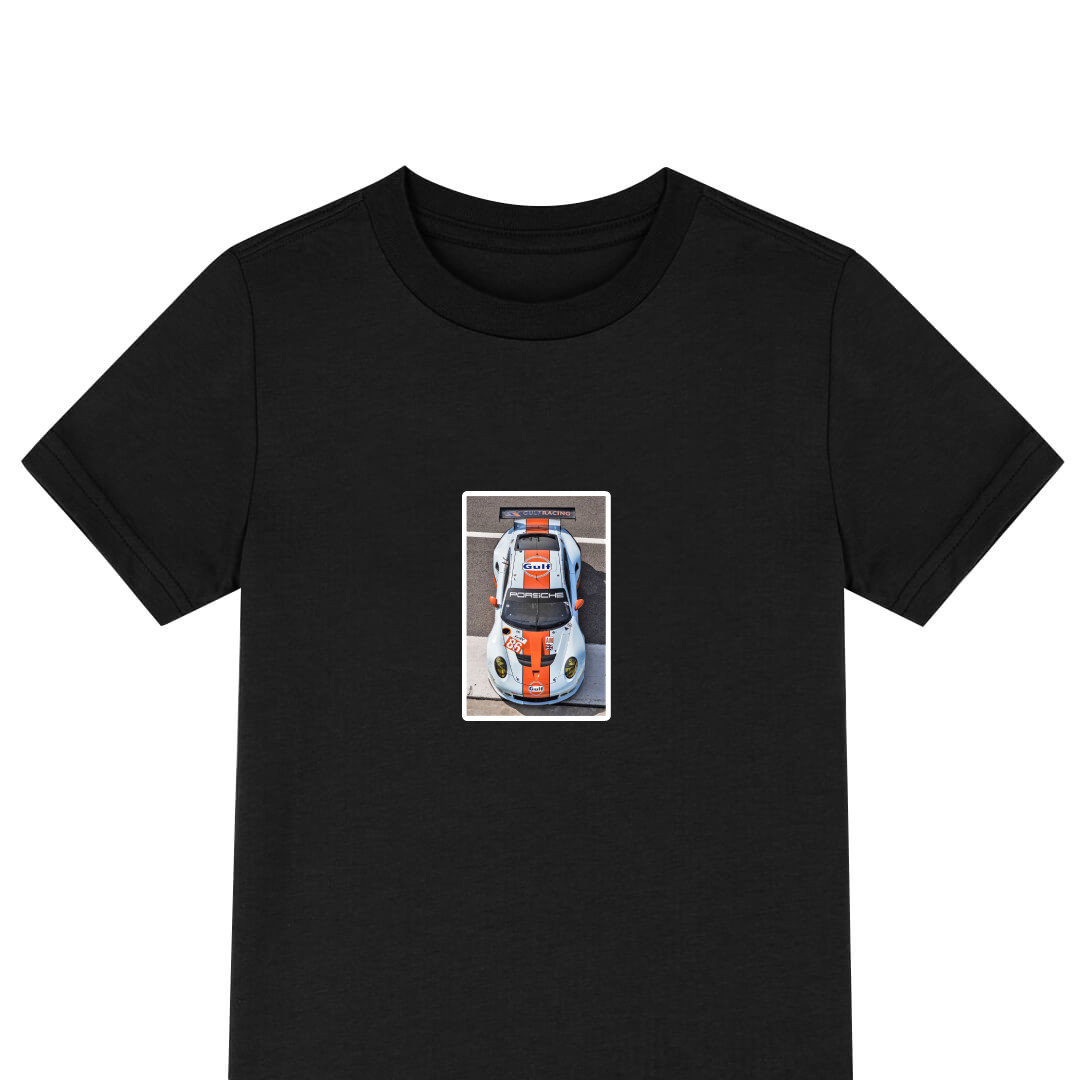 Porsche Tee Shirt T-Shirt Short Sleeve - Porsche 911 GT3 RSR Gulf Racing Top View Poster