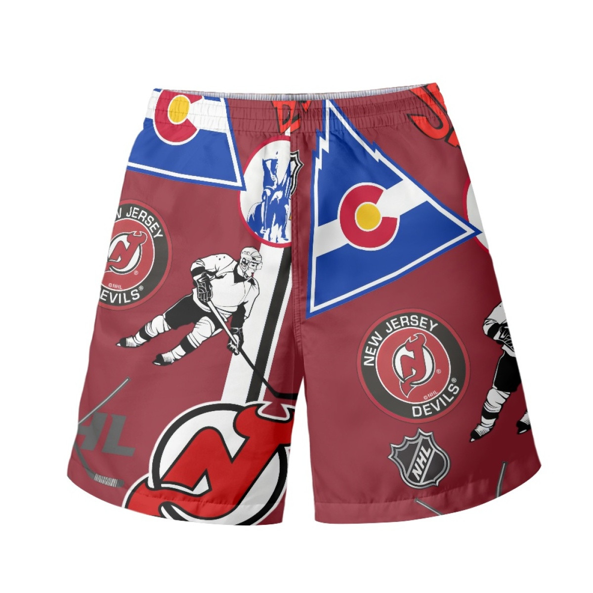 NHL New Jersey Devils Beach Shorts Swim Pants Swimming Trunks - New Jersey Devils Mania Collage Logo