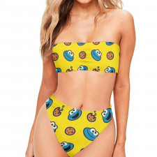 Sesame Street Cookie Monster Bandeau Bikini Two Piece Women's Swimsuit - Sesame Street Cookie Monster Pattern Art Yellow Background
