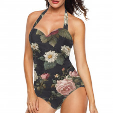 Floral Pattern Art Tankini Halter One Piece Women's Swimsuit - Floral Pattern Vintage Flowers Dark Background