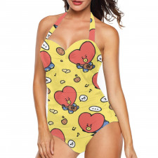 BT21 Tata Tankini Halter One Piece Women's Swimsuit - Tata Playing Guitar Pattern Art On Yellow Background