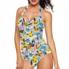 Pokemon Eevee Tankini Halter One Piece Women's Swimsuit - Eevee Sticker Collage