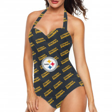 NFL Pittsburgh Steelers Tankini Halter One Piece Women's Swimsuit - Pittsburgh Steelers Medley Monogram Wordmark