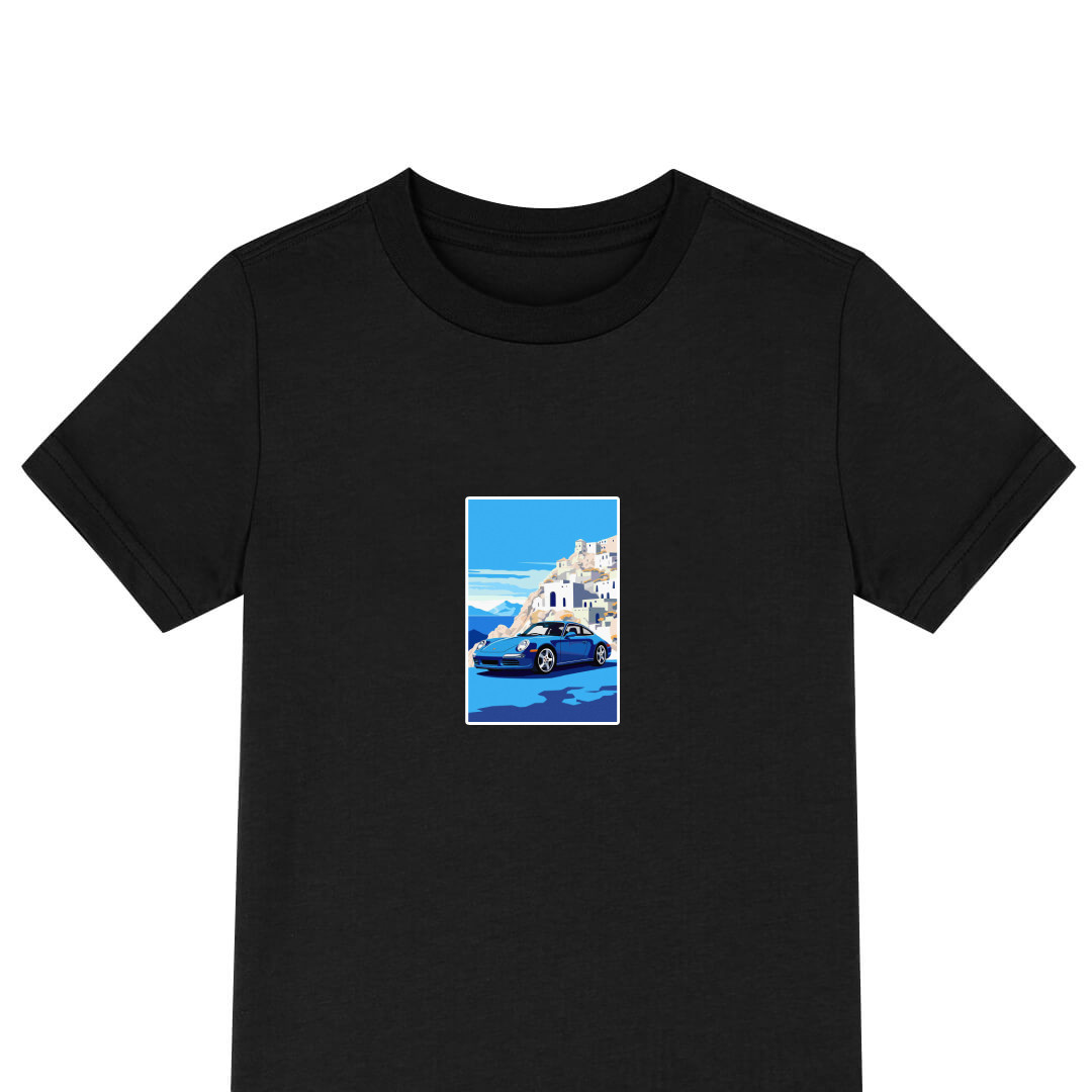 Porsche Tee Shirt T-Shirt Short Sleeve - Porsche 911 Blue Car On Santorini Illustration Art