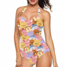 Winnie The Pooh Tankini Halter One Piece Women's Swimsuit - Character Sticker Collage