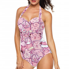 Pokemon Tankini Halter One Piece Women's Swimsuit - Cute Pink Pokemon Collage