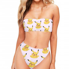 Pokemon Pikachu Bandeau Bikini Two Piece Women's Swimsuit - Pikachu Hands Up Pattern Art On Pink Background