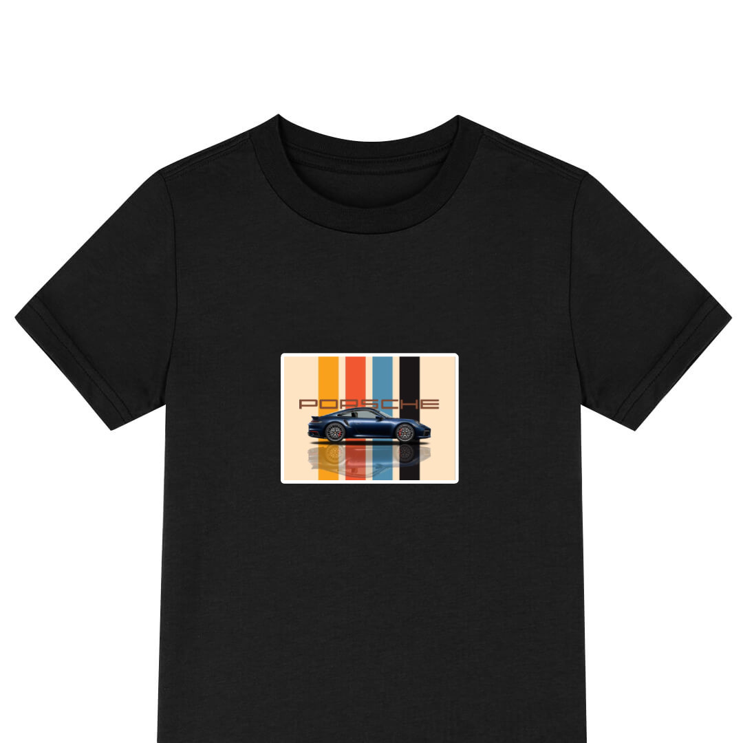 Porsche Tee Shirt T-Shirt Short Sleeve - Porsche 911 Blue Car On Stripe Background