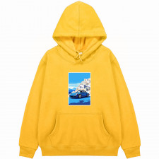Porsche Hoodie Hooded Sweatshirt Sweater Jacket - Porsche 911 Blue Car On Santorini Illustration Art