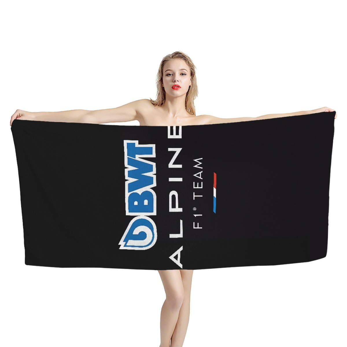 F1 Formula One Alpine Bath Beach Towel - Alpine F1 Team And BWT Logo On Black Background