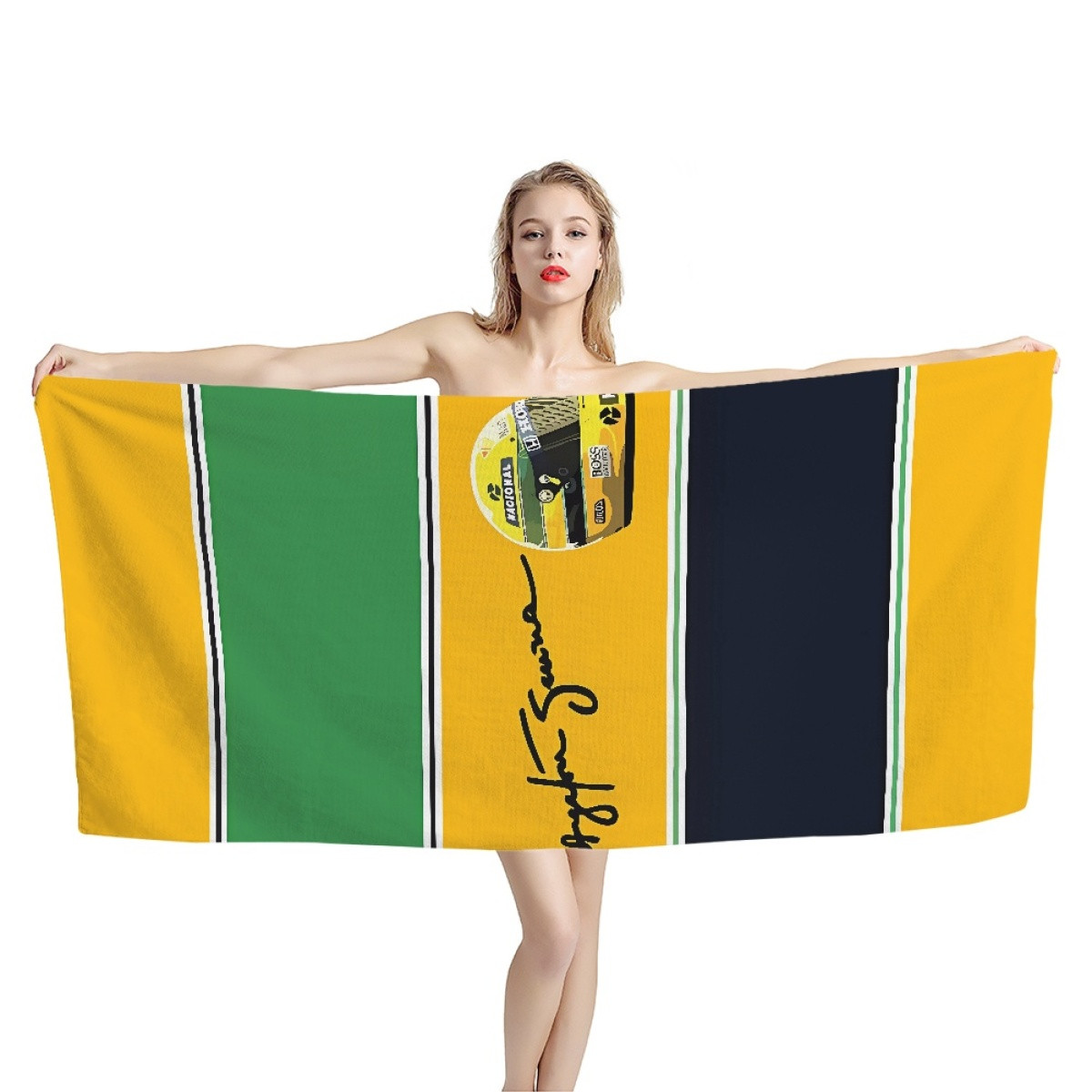 F1 Formula One Ayrton Senna Bath Beach Towel - Ayrton Senna Helmet Green Black Stripe On Yellow Background