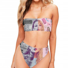 Taylor Swift Bandeau Bikini Two Piece Women's Swimsuit - Taylor Swift Half Grayscale Half Pink Background