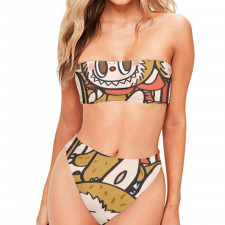 The Monsters Bandeau Bikini Two Piece Women's Swimsuit - Collage Brown Teddy Bear