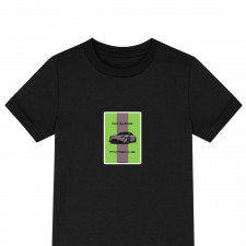 Porsche Tee Shirt T-Shirt Short Sleeve - Porsche Taycan Faster Than Schnell Green Gray Stripe Background