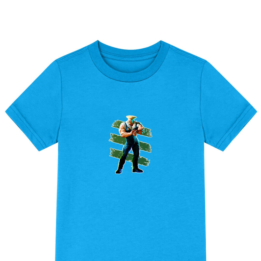 Street Fighter 6 Guile Tee Shirt T-Shirt Short Sleeve - Guile Standing on Green Stripe Background