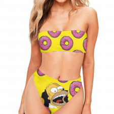 The Simpsons Homer Bandeau Bikini Two Piece Women's Swimsuit - Homer Avatar On Doughnut Pattern Art Yellow Background