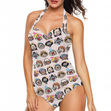 One Piece Straw Hat Pirate Tankini Halter One Piece Women's Swimsuit - Straw Hat Pirate Chibi Avator Pattern Art On Pink Background