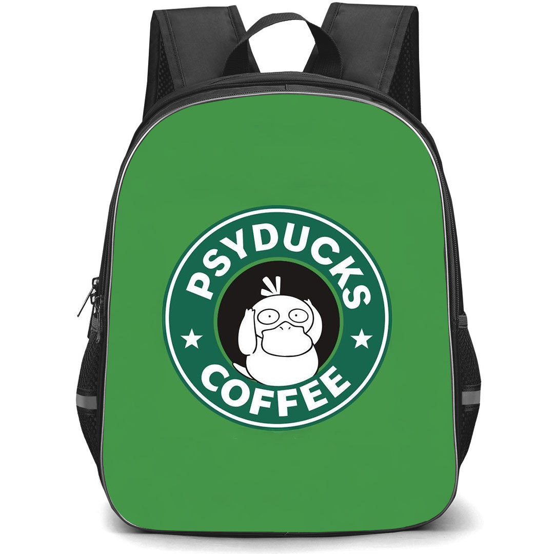Pokemon Psyduck Backpack StudentPack - Psyduck Starbucks Coffee On Green Background