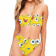 SpongeBob Bandeau Bikini Two Piece Women's Swimsuit - SpongeBob Faces On Yellow Background