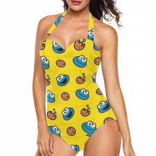 Sesame Street Cookie Monster Tankini Halter One Piece Women's Swimsuit - Sesame Street Cookie Monster Pattern Art Yellow Background